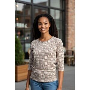 Hillard & Hanson Women's Petite 3/4 Sleeve Striped Round Neck Top, Size PXL